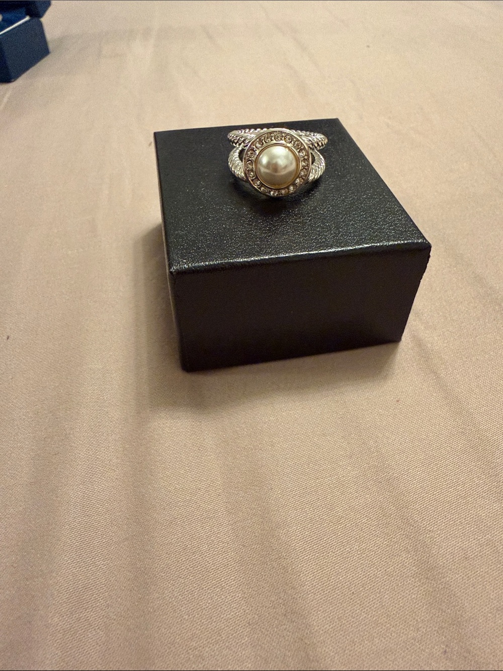 Pearl Accent Silver Ring with Crystal Halo - Cream Pearl